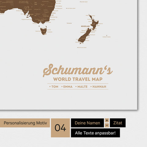 Poster Weltkarte in Braun mit Personalisierung als Familien-Logo