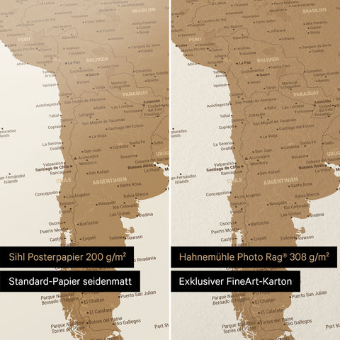 Weltkarte in Bronze als Poster in den Papiersorten Sihl Posterpapier oder Hahnemühle Photo Rag