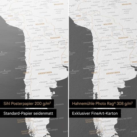 Weltkarte in Dunkelgrau als Poster in den Papiersorten Sihl Posterpapier oder Hahnemühle Photo Rag