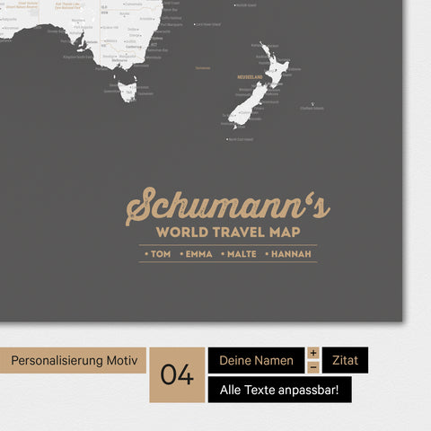 Poster Weltkarte in Dunkelgrau mit Personalisierung als Familien-Logo