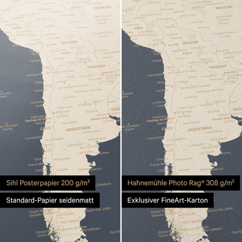 Weltkarte in Hale Navy (Dunkelblau-Gold) als Poster in den Papiersorten Sihl Posterpapier oder Hahnemühle Photo Rag