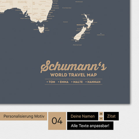 Poster Weltkarte in Hale Navy (Dunkelblau-Gold) mit Personalisierung als Familien-Logo