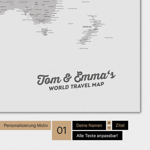 Personalisierte Weltkarte als Poster in Hellgrau mit deinem Namen eingedruckt