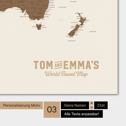 Weltkarte als Poster in Multicolor Braun mit einem Vintage-Logo als moderne Personalisierung