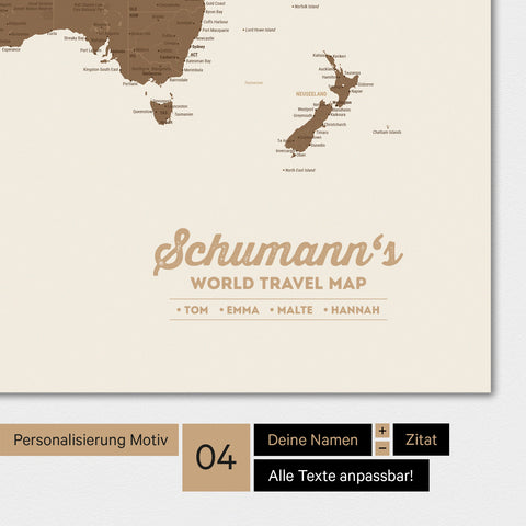 Poster Weltkarte in Multicolor Braun mit Personalisierung als Familien-Logo