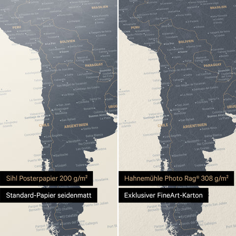 Weltkarte in Navy Light als Poster in den Papiersorten Sihl Posterpapier oder Hahnemühle Photo Rag