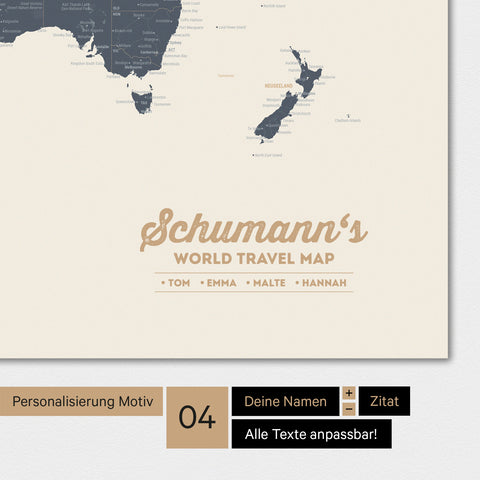 Poster Weltkarte in Navy Light mit Personalisierung als Familien-Logo