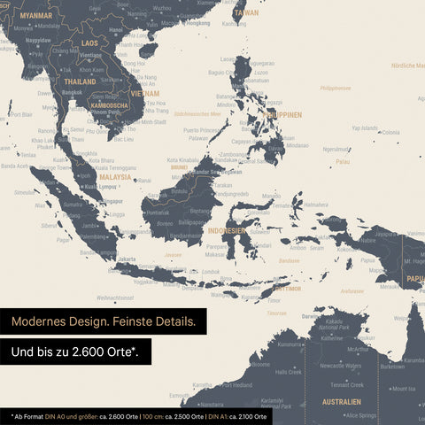 Ausschnitt aus Weltkarte Poster in Navy Light zeigt Karten von Asien