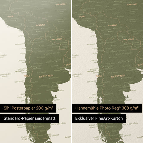 Weltkarte in Oliv-Grün als Poster in den Papiersorten Sihl Posterpapier oder Hahnemühle Photo Rag