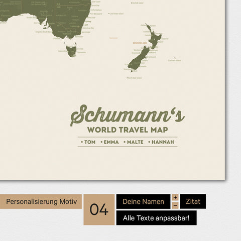 Poster Weltkarte in Oliv-Grün mit Personalisierung als Familien-Logo