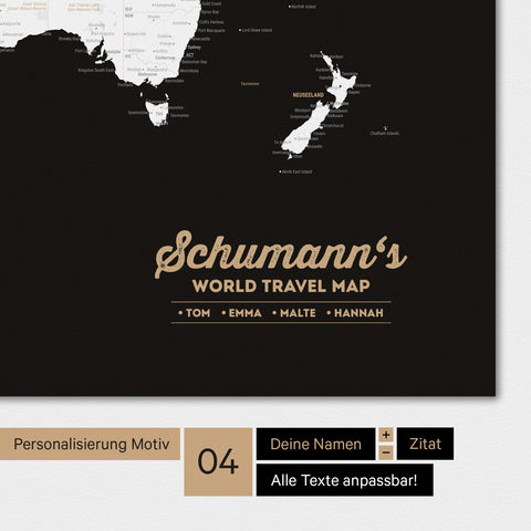 Poster Weltkarte in Schwarz-Weiss mit Personalisierung als Familien-Logo