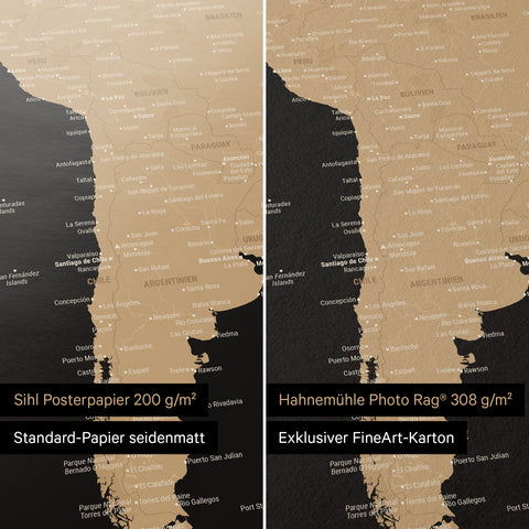 Weltkarte in Sonar Black (Schwarz-Gold) als Poster in den Papiersorten Sihl Posterpapier oder Hahnemühle Photo Rag