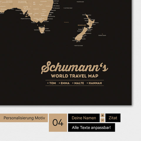 Poster Weltkarte in Sonar Black (Schwarz-Gold) mit Personalisierung als Familien-Logo