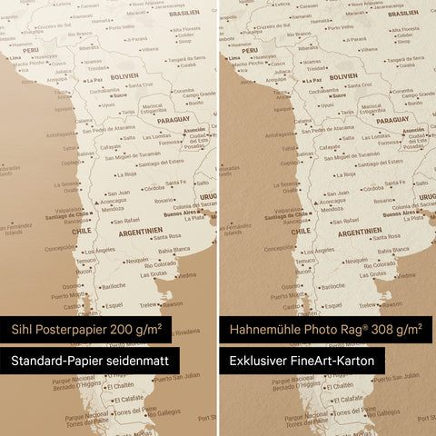 Weltkarte in Treasure Gold als Poster in den Papiersorten Sihl Posterpapier oder Hahnemühle Photo Rag