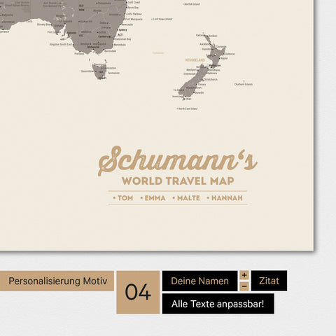 Poster Weltkarte in Warmgray (Braun-Grau) mit Personalisierung als Familien-Logo