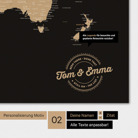 Motif alternatif pour une personnalisation avec ton nom sur une carte du monde en couleur Sonar Black (noir et or)