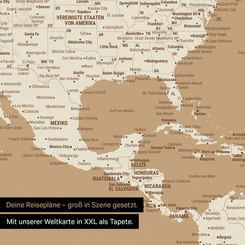 Detail einer Weltkarte als Foto-Tapete in Treasure Gold mit einem Detail-Ausschnitt von USA, der Karibik sowie Südamerika