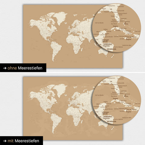 Wereldkaart in kleur Treasure Gold met tweedimensionale zeedieptes