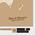 Personalized world map in color Treasure Gold with your name printed on it