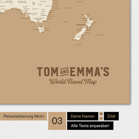 World map in color Treasure Gold with a vintage logo as modern personalization