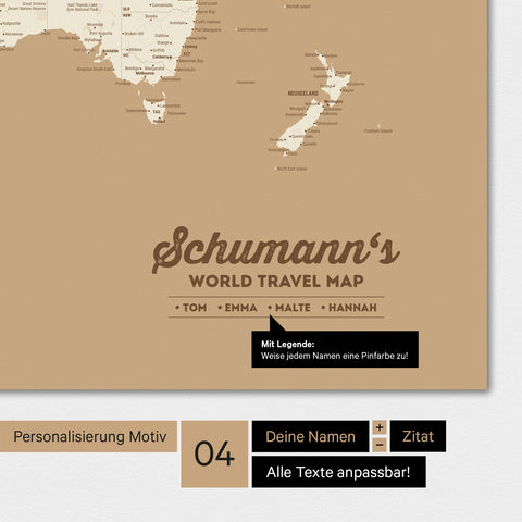 Wereldkaart in kleur Treasure Gold met personalisatie als familie-logo