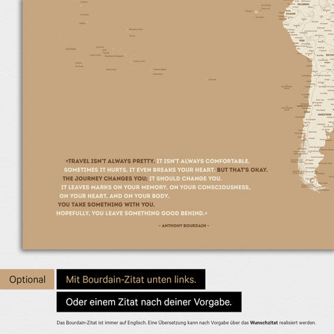 World map in Treasure Gold color with printed quote by Anthony Bourdain, which can be replaced with any other quote during personalization