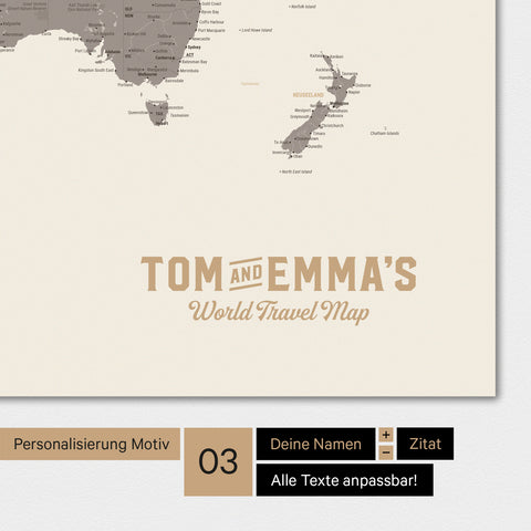 Carte du monde en couleur Warmgray (brun-gris) avec un logo vintage comme personnalisation moderne